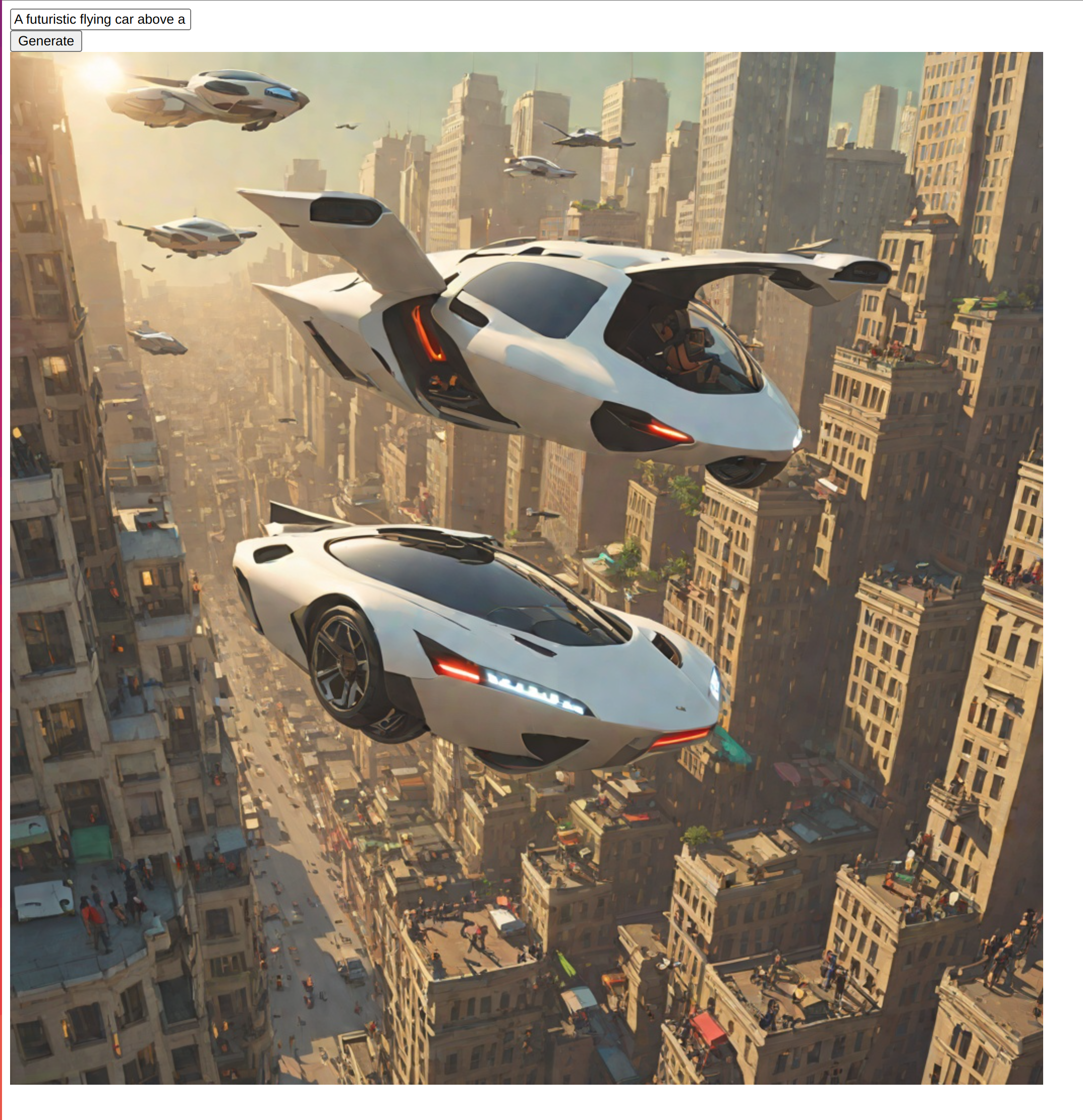 A screenshot of the resulting web application that has generated a concept of a flying car