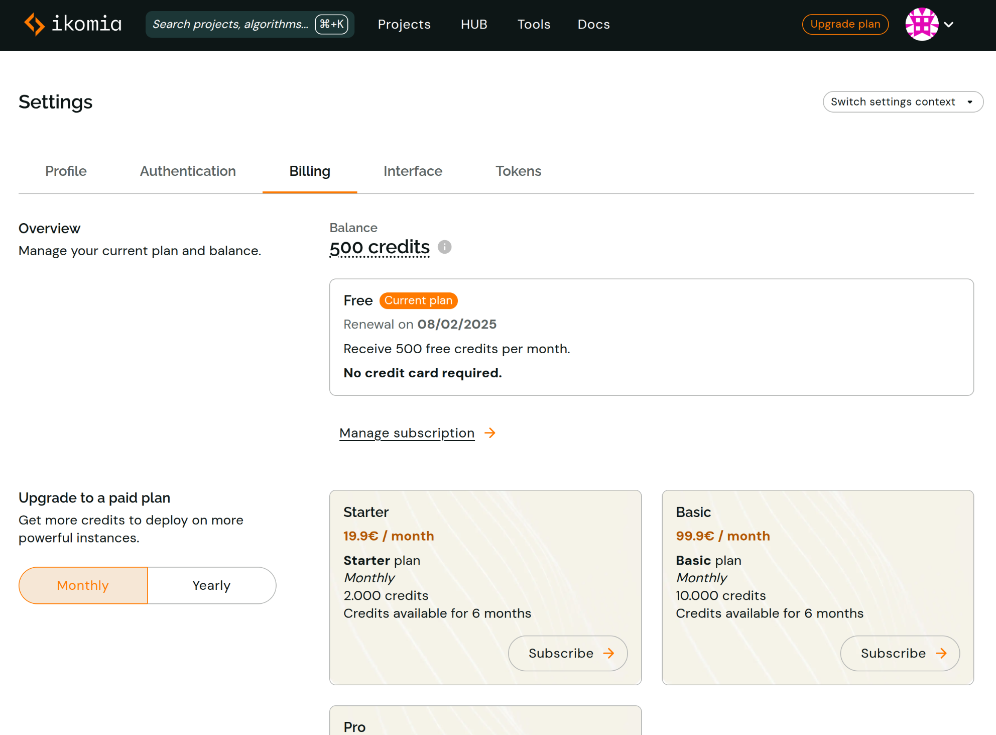 Billing page