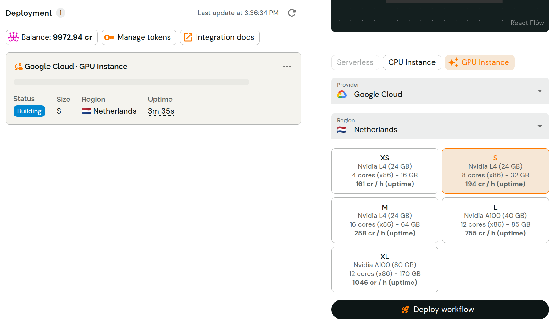The deployment creation interface, with various deployment options