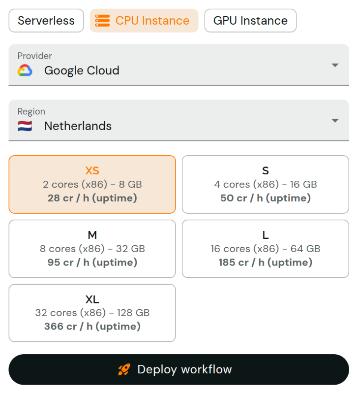 A screenshot of an interface allowing to pick the provider, deployment type, region and size.